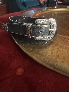 American Eagle Outfitters Black Leather Belt with Engraved Silver Buckle